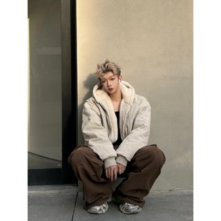 [Xả tết] Áo Khoác Kaki Nam Lót Lông Cừu Có Mũ Màu Trắng Form Boxy Phong Cách Retro