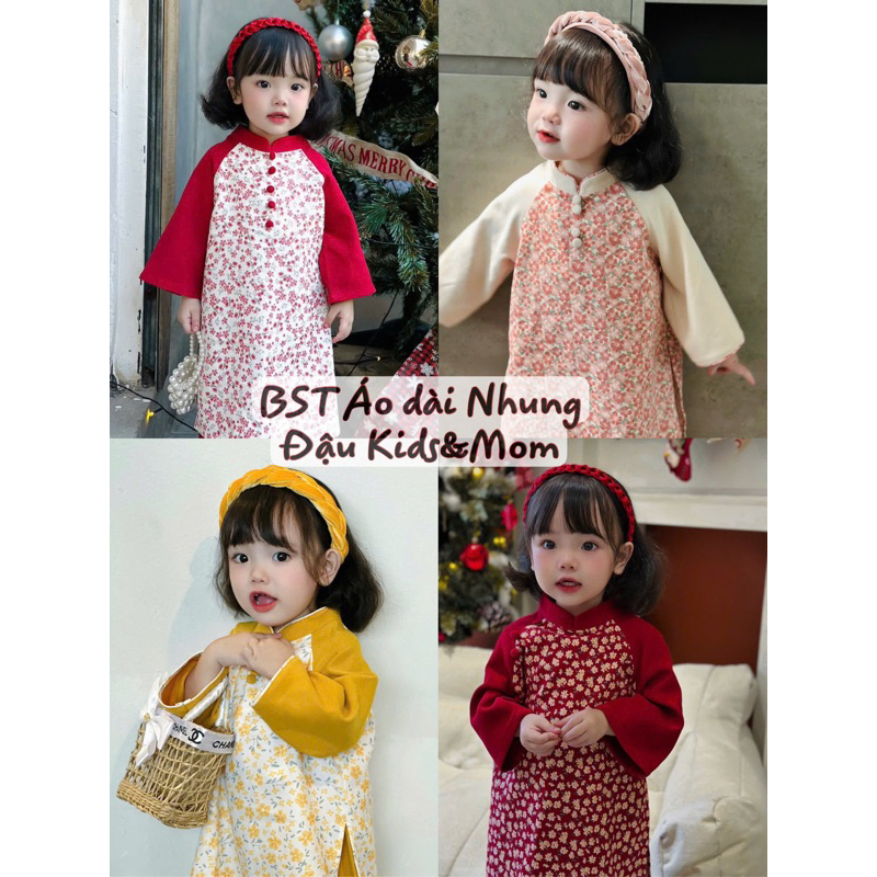 (Hỏa Tốc ) BST Áo dài nhung diện Tết Cho Bé Gái Tặng Kèm Bờm - Đậu Kids&Mom