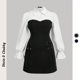 [Bigsize 45-120kg / Order] Đầm phối áo sơ mi đan dây eo nơ form suông cúp ngưc tay dài bo chun thanh lịch buổi tiệc