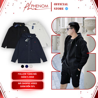 Áo Hoodie Zip Ralph Lauren Thêu Ngựa có dây kéo chất Cotton lót Nỉ Bông Dày Form Âu