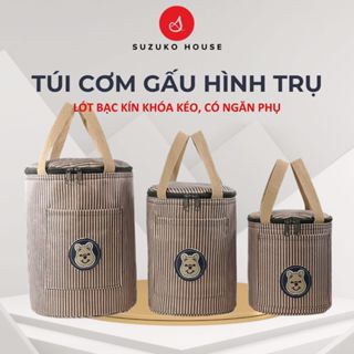 Túi cơm trụ tròn cầm tay giữ nhiệt Gấu Bear SUZUKO HOUSE, giỏ đựng cơm văn phòng lót bạc khóa kéo TC29