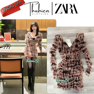 THUHIENZR(sẵn XS)Váy mini ZARA 4661/327/050 dài tay hoạ tiết thu xếp nếp(kèm ảnh thật)