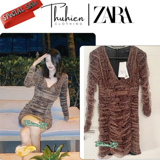THUHIENZR(sẵn S)Váy mini ZARA 4661/332/038 dài tay hoạ tiết nâu xếp nếp(kèm ảnh thật)
