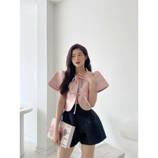 ( Loại 1 )Áo nữ tay phồng thiết kế có cột nơ trước ngực Briebrie chất liệu tafta,sang chảnh - 384 - 384 - 384