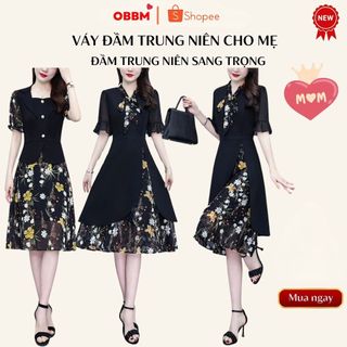 Đầm trung niên tay voan phối hoa sang trọng quý phái tặng mẹ đi chơi, đi tiệc, ms554 váy voan vàng