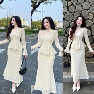 Set thời trang nữ áo ren trắng croptop tay dài đóng nút mix chân váy đuôi cá xòe nhẹ cực xinh cho các nàng đi dạo biển