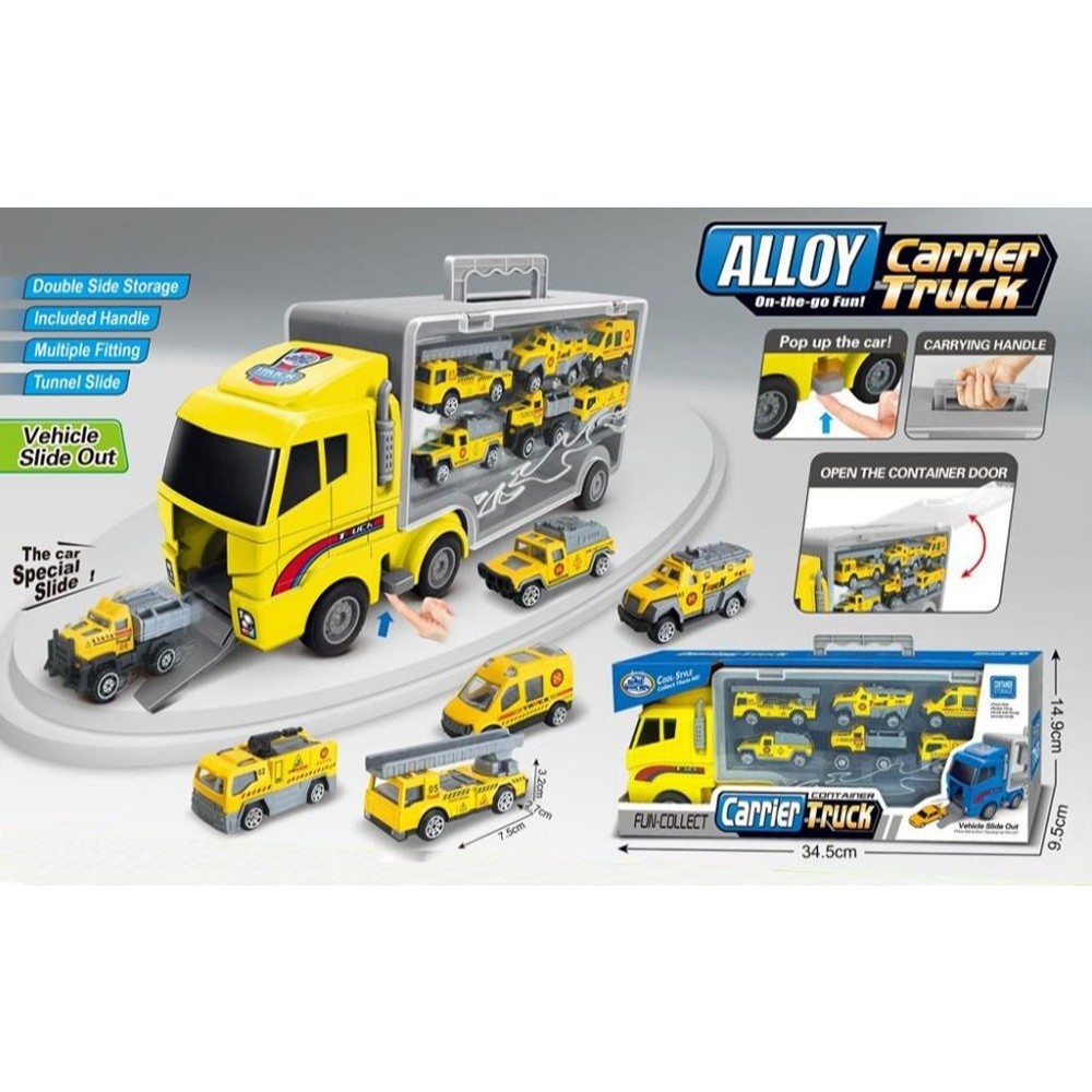 Xe mô hình container chở 6 xe con kim loại  BBT GLOBAL, nhựa nguyên sinh an toàn cho bé