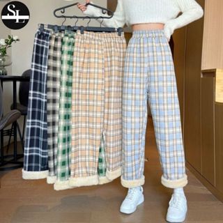  Quần Ống Rộng Lót Lông Quần Lót Lông Dáng Suông Phối Kẻ Thời Trang Thu Đông Hot Trend Cho Nữ 172 