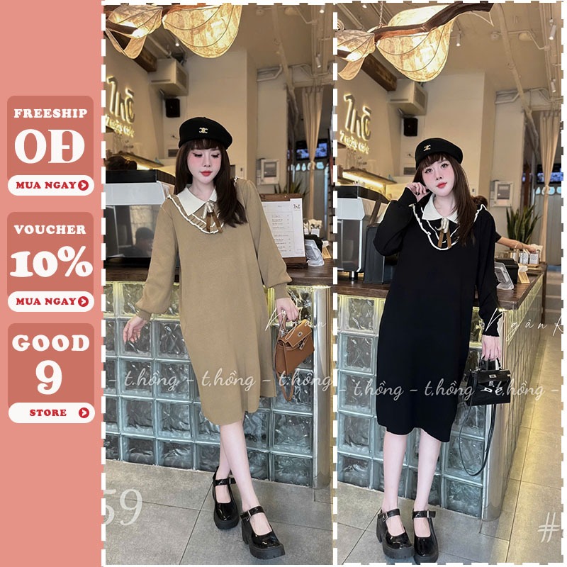 Váy bầu len Quảng Châu dáng dài cổ sơ mi đính nơ tiểu thư mặc đi làm đi chơi thoải mái X33