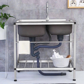 Chậu rửa chén bát 2 hộc inox có chân, vòi, bộ xả 75*40*75cm