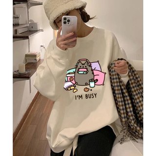 Áo Sweater, Áo Nỉ Dài Tay Unisex Hình Mèo Busy Cổ Tròn, From Rộng