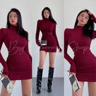  ChocomyShop - Đầm body tay dài dáng ngắn cổ cao màu đỏ chất thun cotton co giãn Tết Noel 