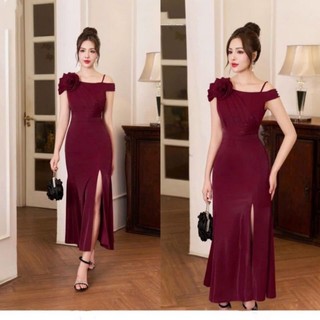 Đầm dự tiệc lệch vai bông xẻ tà tặng hoa tai Ys