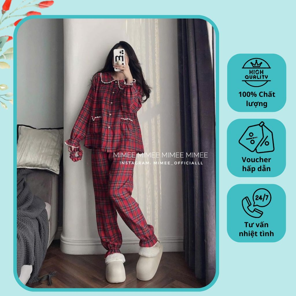Set bộ pijama caro đỏ phối ren kèm buộc tóc
