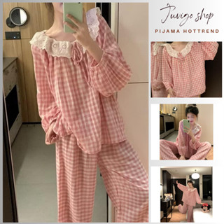 Bộ ngủ dài tay nữ,đồ ngủ pijama thu đông cổ viền ren bèo thắt nơ họa tiết kẻ caro nhỏ màu hồng siêu xinh Juvigo HCOM3122