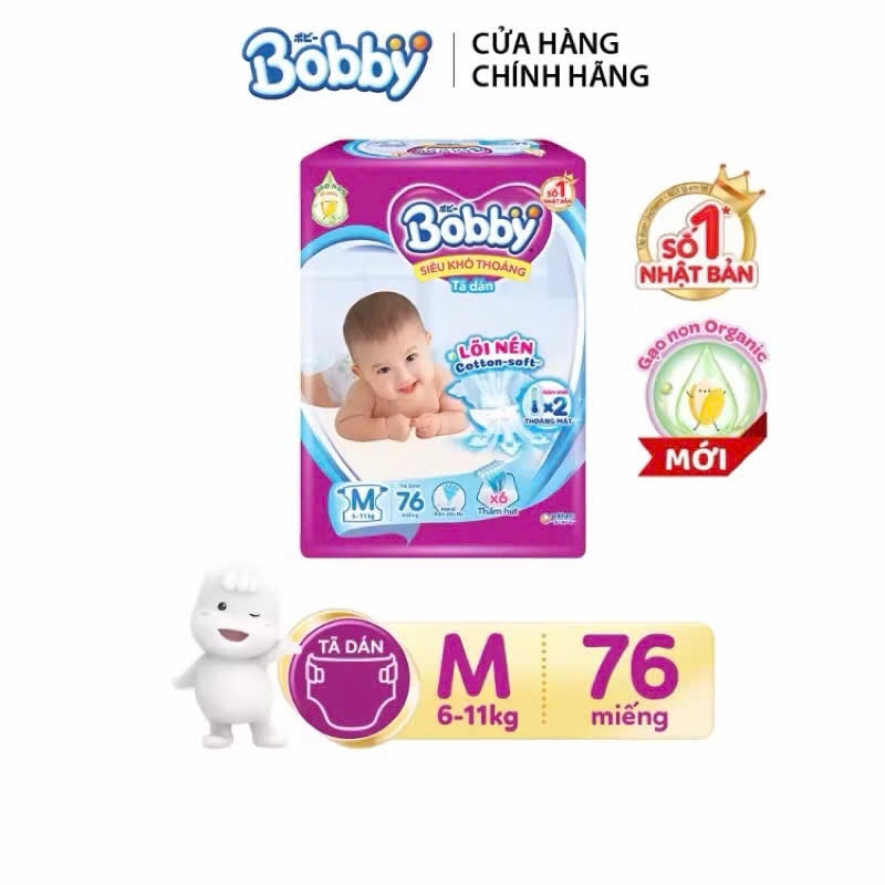 Tã dán Bobby siêu thấm  khô thoáng Size M76 miếng cho bé 6-11kg