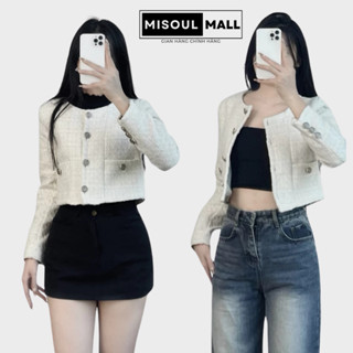 Áo Khoác Dạ Tweed Croptop Cổ Tròn Đính Khuy BigSize MiSoul Mall, Áo Dạ Nữ Dài Tay 354