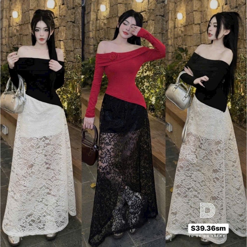 Set váy áo thun lệch vai tay dài xẻ tà eo gắn bông phối chân váy suông ren mặc đi dự tiệc siêu sang trọng
