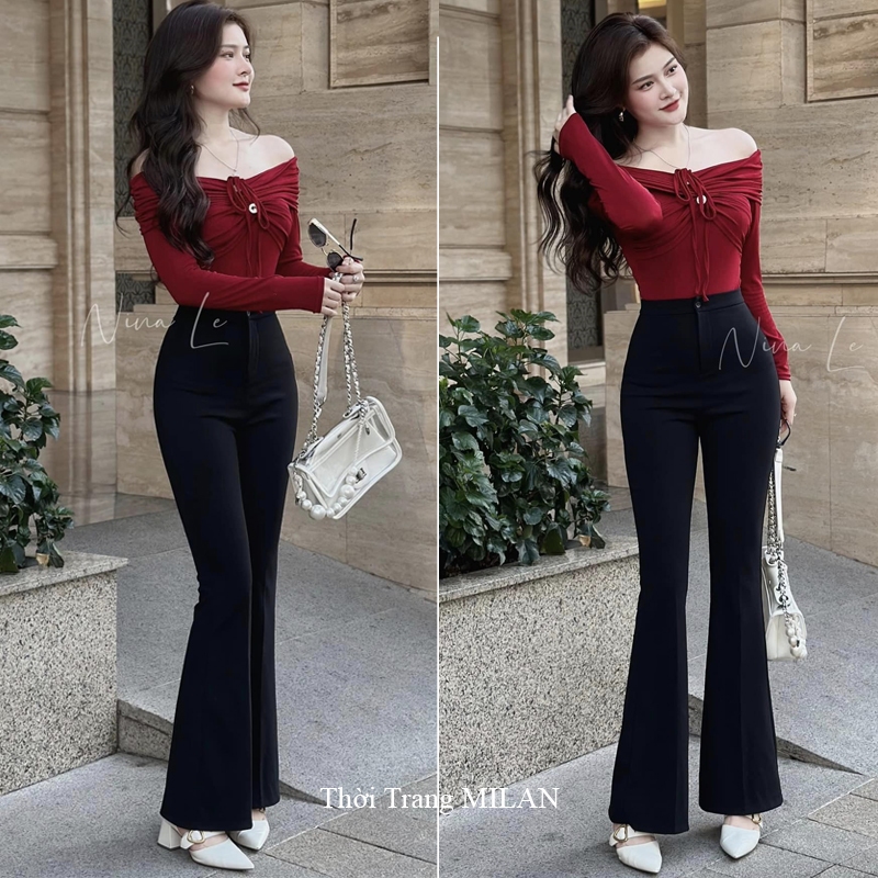 Quần ống loe co giãn có túi trước sau khóa giữa kéo 1 nút cài dáng quần legging ống loe cạp cao vải Umi dày mặc công sở