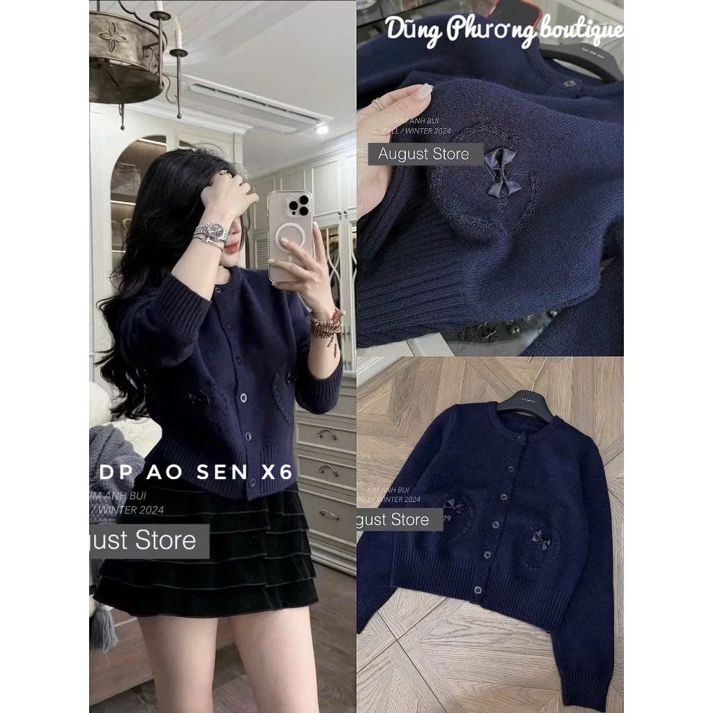 Áo Khoác Len, Áo Len Cardigan Dài Tay Đính Nơ Túi Siêu Xinh Chuẩn Hàng QC L1 - DP BOUTIQUE