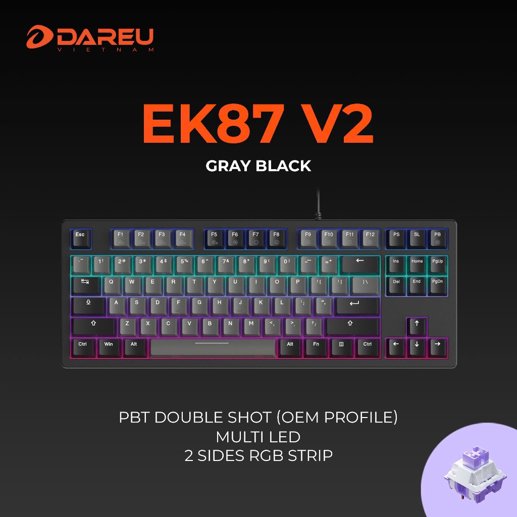Bàn phím cơ DAREU EK87 V2 Gray Black (2 sides RGB strip, Multi-Led, PBT Double Shot OEM profile)