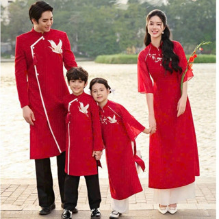 Áo Dài Tết Gia Đình H&H Áo Dài Truyền Thống Cách Tân Hàng Thiết Kế Cao Cấp Loại 1 Sắc Đỏ May Mắn Họa Tiết Thêu Đẹp