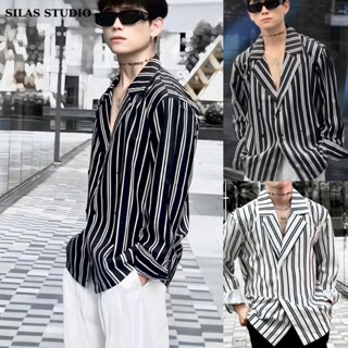 Áo Sơ mi nam Form Cổ Vest SILAS Zebra Kaki Cotton Kẻ Sọc Lớn Menswear Form Rộng Mặc Mát
