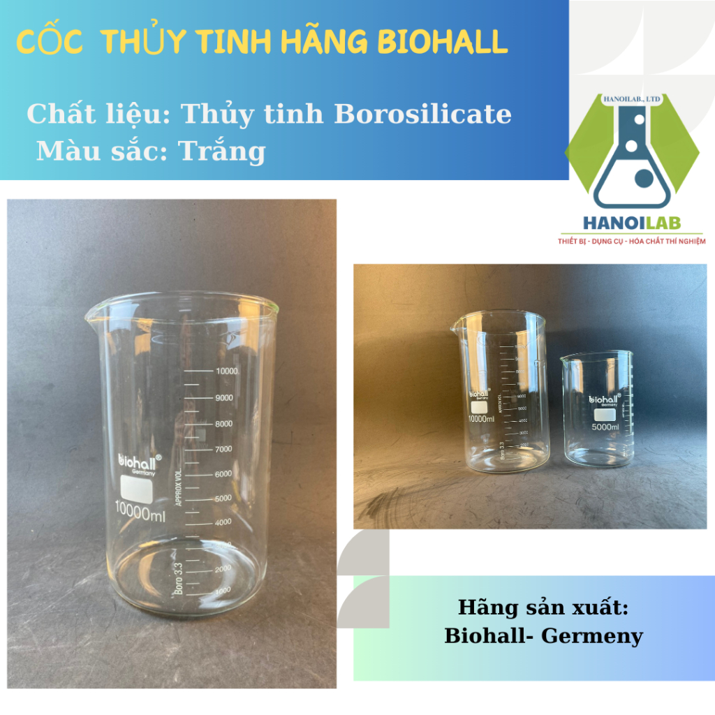Cốc thủy tinh thấp thành, cốc chịu nhiệt có mỏ chia vạch  Biohall 10000ml- YTHN