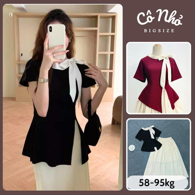 Set Áo Váy Bigsize Nữ, Bộ Váy Sang Chảnh Đi Tiệc Áo Tay Ngắn Phối Nơ Cổ Xinh Kèm Chân Váy Dài SET848