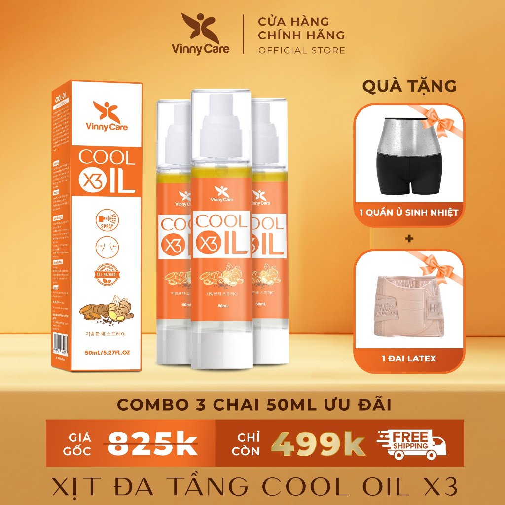  Combo 3 tinh dầu xịt giảm mỡ bụng dạng xịt 2in1 Cool-Oil X3 chiết xuất gừng nghệ Vinny Care – Tặng 1 đai latex 1 quần ủ 