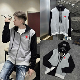  Áo khoác hoodie zip nam nữ DSQ nỉ thân xám thêu logo chữ lá phong đỏ ngực phối thêu chữ ICON mũ HZ84P 