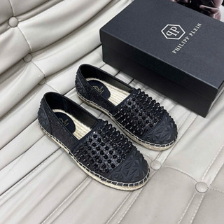  Giày cói lười nam Philipp Plein da Pu phủ kim tuyến tag đinh đen phối mũi cao su nổi hình khối GS155P 