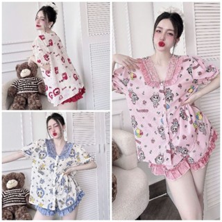 Đồ ngủ pyjama nữ mặc nhà BIGSIZE tay ngắn quần đùi labubu vải đũi xốp thái cao cấp