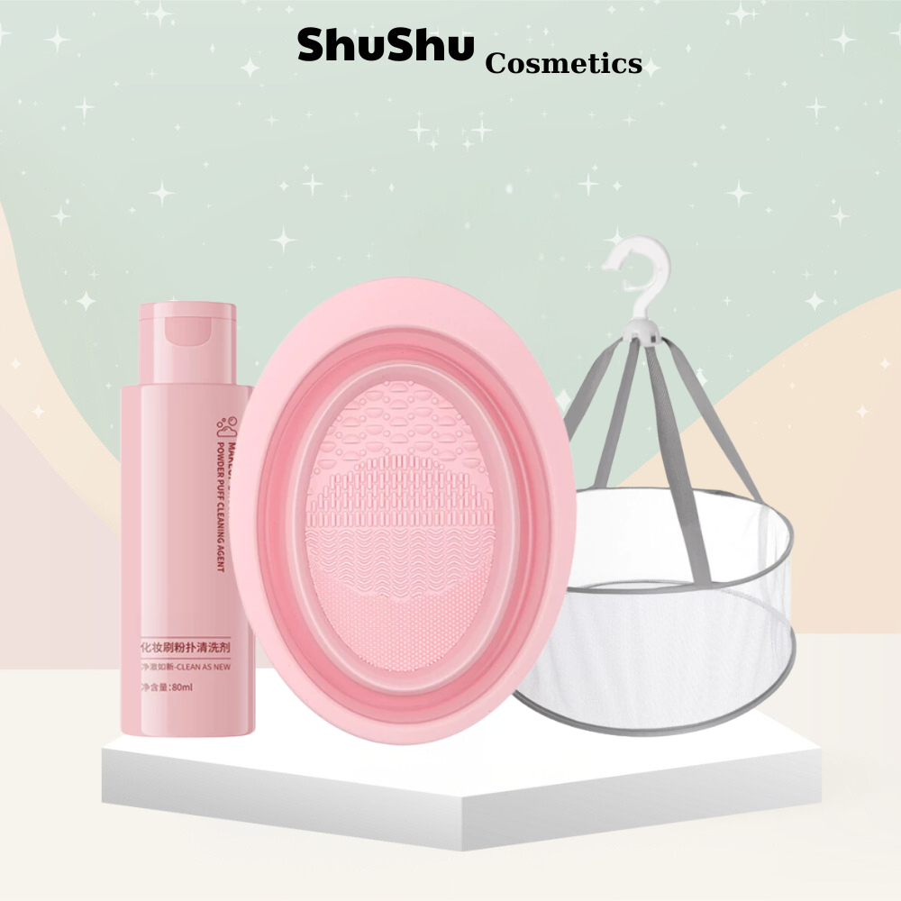 Combo Bộ Dụng Cụ Vệ Sinh Cọ Trang Điểm, Chậu Silicon Combo Set Giỏ Phơi Cọ, Nước Rửa Cọ Tiện Lợi SHUSHU COSMETICS