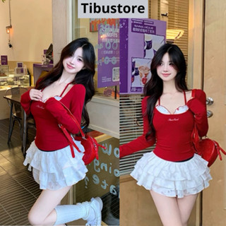 Set Áo Croptop Bèo Ngực Phối Chân Váy Xoè Tầng TIBU Set Đồ Nữ Sang Chảnh Đỏ Trắng Đi Chơi Noel Tết S225