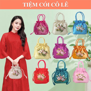 Túi vải lụa xách tay thêu hoa chụp áo dài Tết-Tiệm Cói Cô Lê