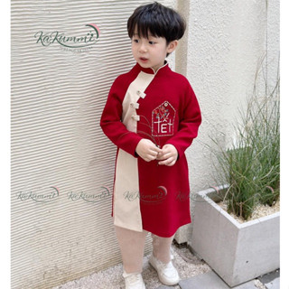  Áo dài cách tân bé trai kèm quần áo dài cho bé trai chất nhung chéo thêu chữ tết sz 10-30kg 