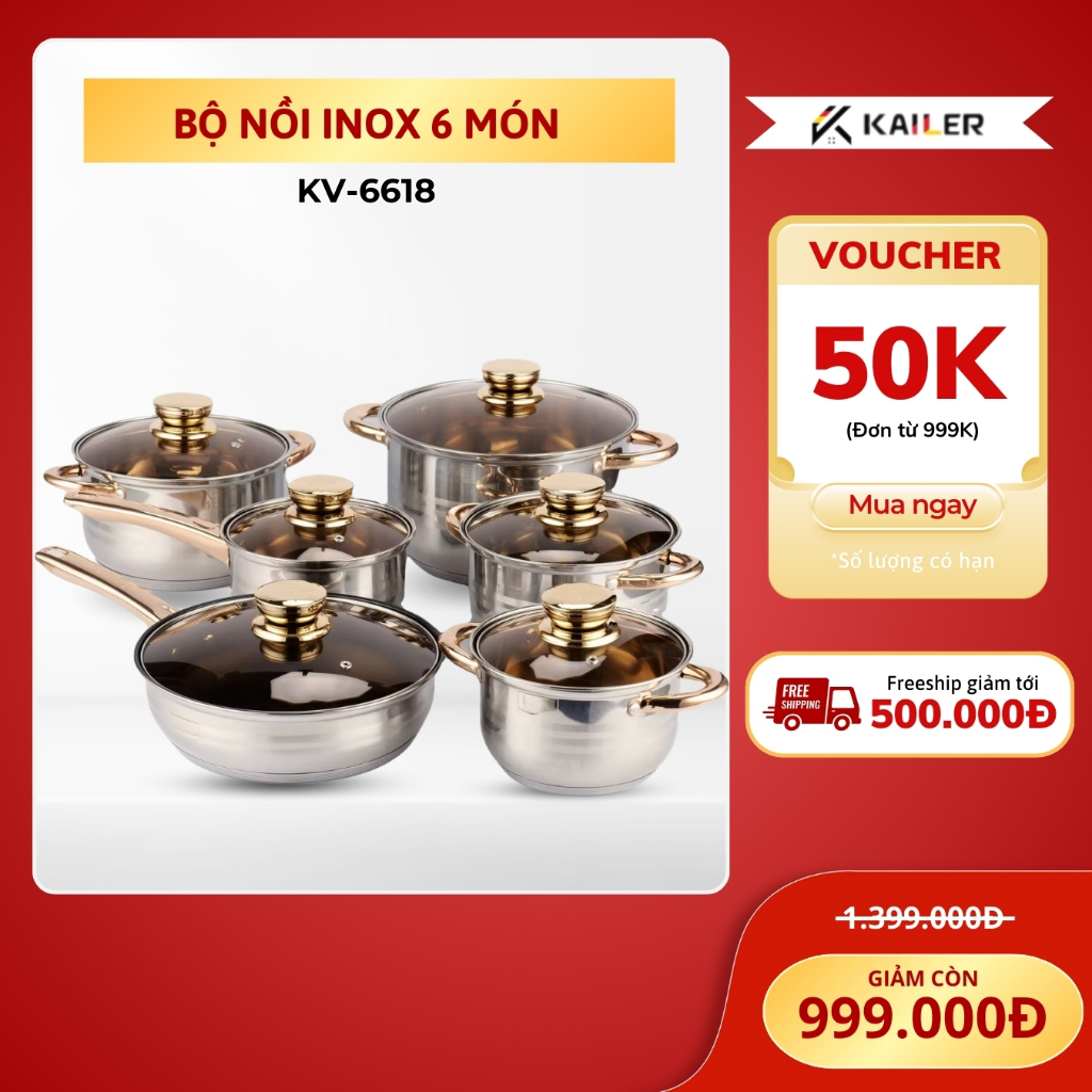 Bộ nồi inox 6 món 5 lớp đáy dày dặn cho mọi loại bếp KAISA VILLA KV-6618