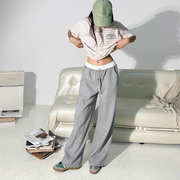 Quần nỉ tăm ống rộng nữ,QUẦN NỈ TĂM, lưng cao có dây rút chất nỉ tăm mềm mại cao cấp phong cách thể thao HÀNG QUẢNG CHÂU