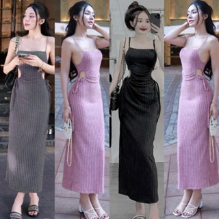 Đầm 2 Dây Cúp Ngực Dáng Dài Thun Gân Len Đũa Khoét Rút Eo Đầm Body 2 Dây Sang Chảnh Dự tiệc