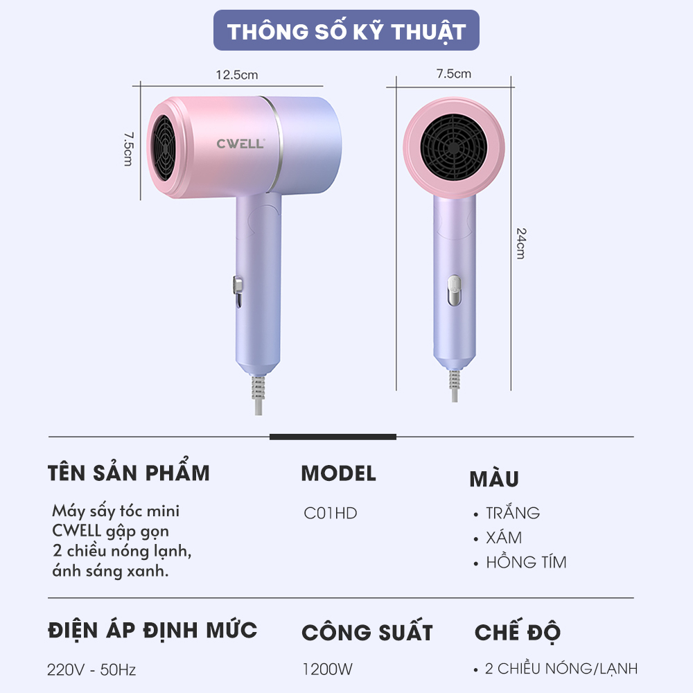 Máy sấy tóc mini CWell gấp gọn 2 chiều nóng lạnh C01HD, công suất 1200W, ánh sáng xanh bảo vệ tóc | BigBuy360 - bigbuy360.vn