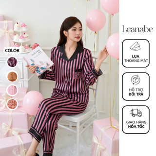 Bộ Pyjama Nữ Lụa Vân Gỗ Lụa Tơ Cao Cấp Áo Tay Dài Quần Dài, Bộ Mặc Nhà Nữ Thu Đông Lụa Leanabe Homewear 24L13 24V13