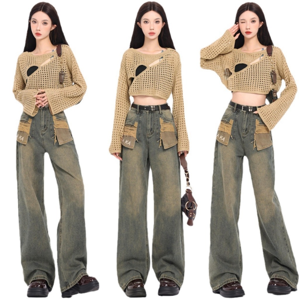 Quần jean kiểu ống suông đứng nữ MIAA lưng cao thêu chữ KAKA , Quần bò jean ống rộng suông baggy nữ phong cách RETRO