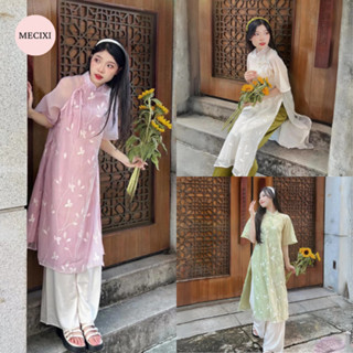  Set áo dài voan tơ Mecixi mẫu áo dài nữ cách tân thêu hoa tay lỡ kèm quần lụa hot Tết T030 