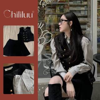Set nhung nữ ba chi tiết Chililuu áo gile nhung và áo sơ mi tơ mỏng xám kèm chân váy nhung xếp ly