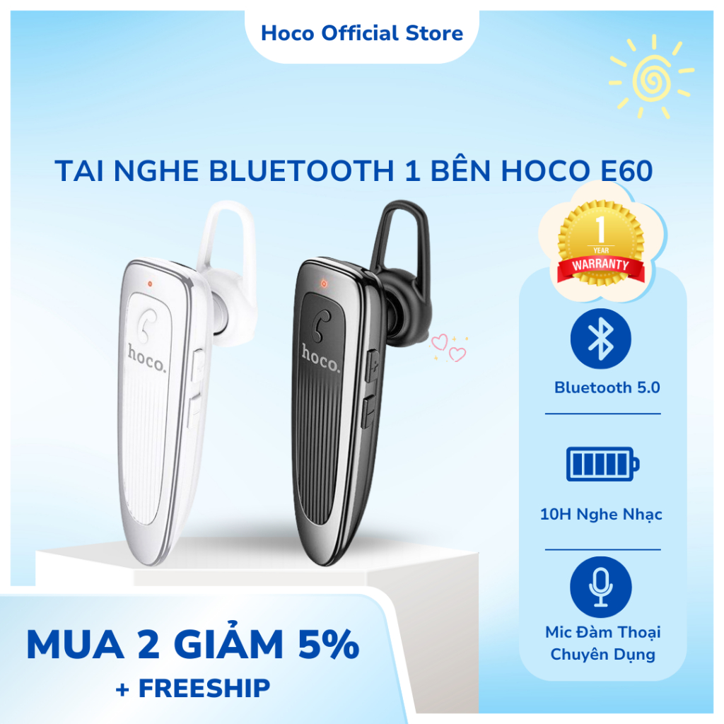 Tai nghe bluetooth Hoco E60, tai nghe 1 bên có mic đàm thoại chuyên dụng, 10h nghe nhạc - Chính Hãng