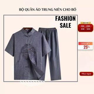 Bộ quần áo trung niên cổ tàu cao cấp cho bố cho ông mặc nhà (176+174) đũi mộc tơ siêu cao cấp