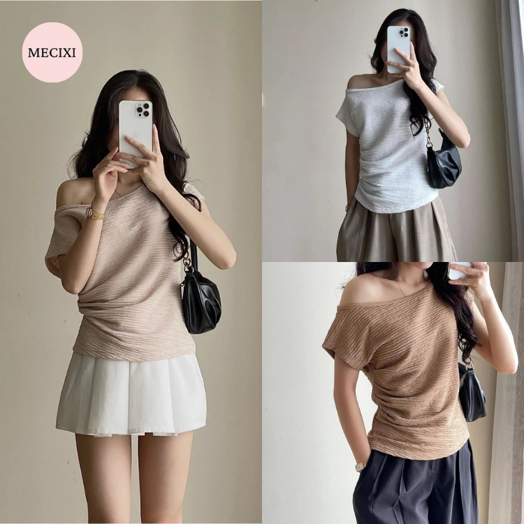 Áo thun lệch vai xếp ly Mecixi áo kiểu sườn nhún eo điệu đà form vừa chất vải co dãn mềm mịn T075