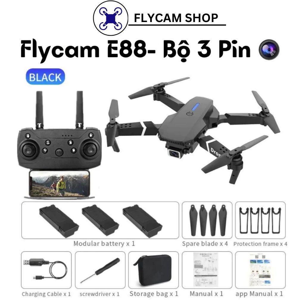 Máy bay camera flycam mini giá rẻ flycam drone E88 Max điều khiển từ xa quay phim, chụp ảnh