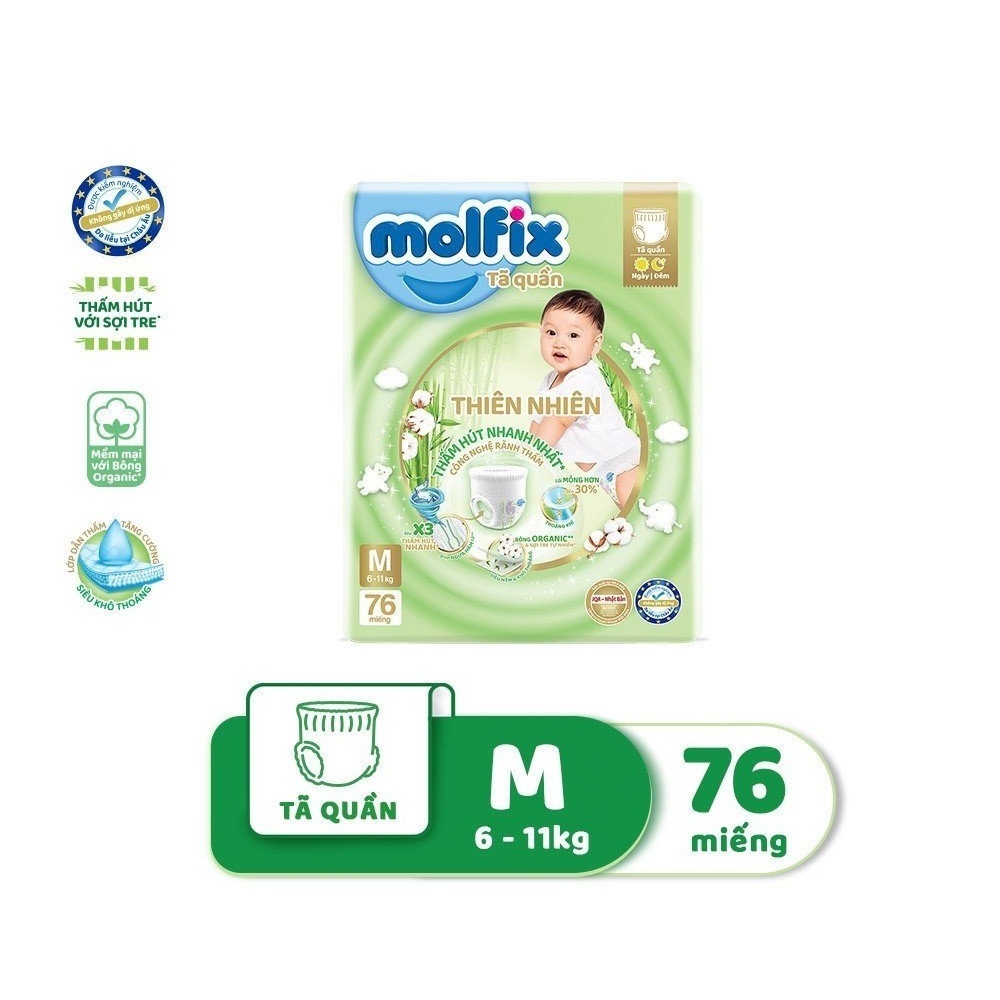 Tã quần Molfix thiên nhiên bịch siêu đại- Ultra M (6kg - 11kg) - Gói 76 miếng